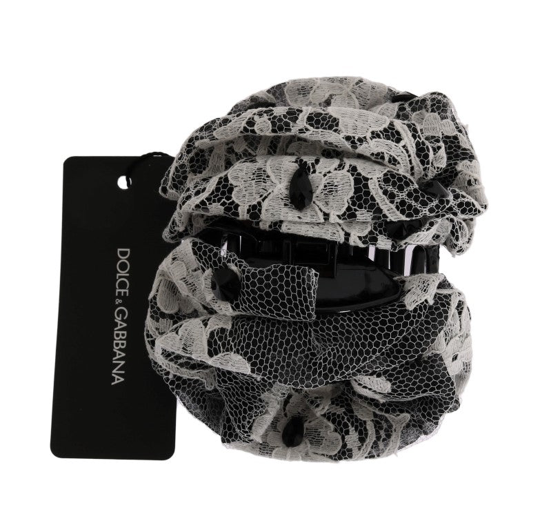 Dolce & Gabbana Elegant Black & White Floral Lace Crystal Hair Claw - Elegance Online Limited