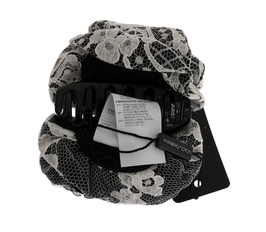 Dolce & Gabbana Elegant Black & White Floral Lace Crystal Hair Claw - Elegance Online Limited