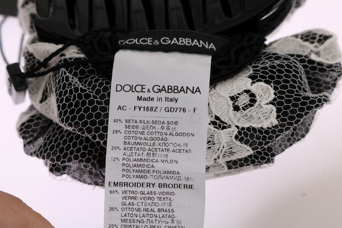 Dolce & Gabbana Elegant Black & White Floral Lace Crystal Hair Claw - Elegance Online Limited