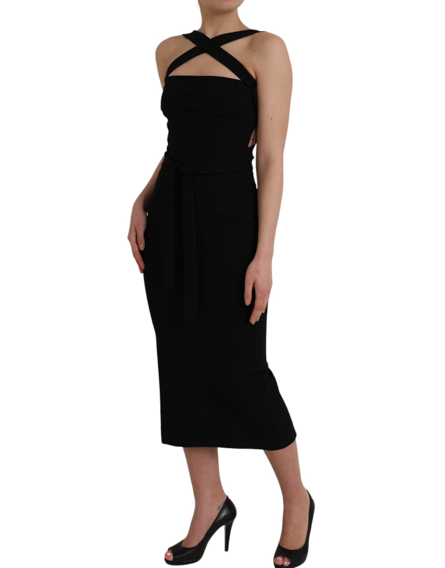 Robe mi-longue noire fourreau à col licou sans manches Dolce & Gabbana