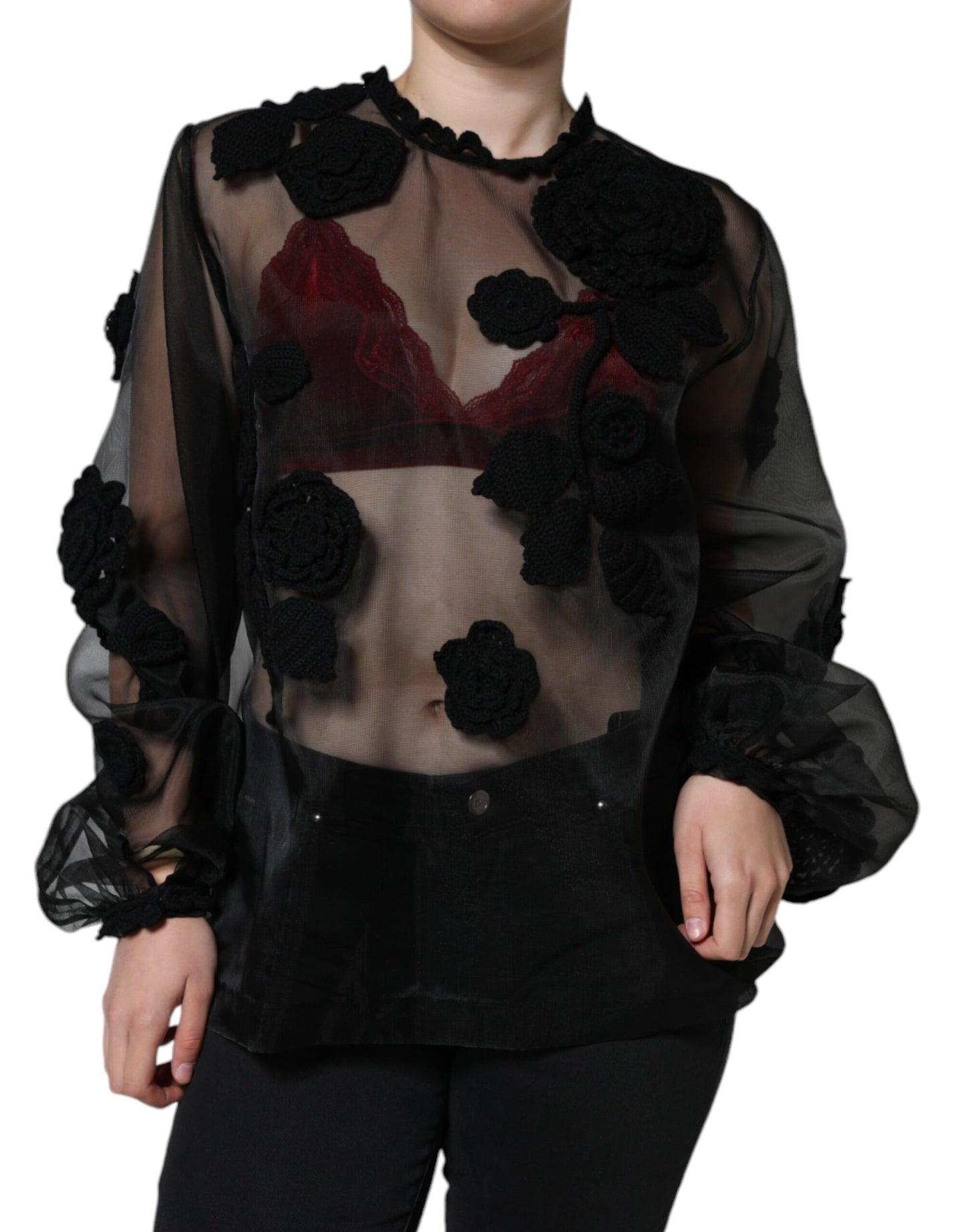Blusa floral transparente de malla de nailon negra de Dolce & Gabbana