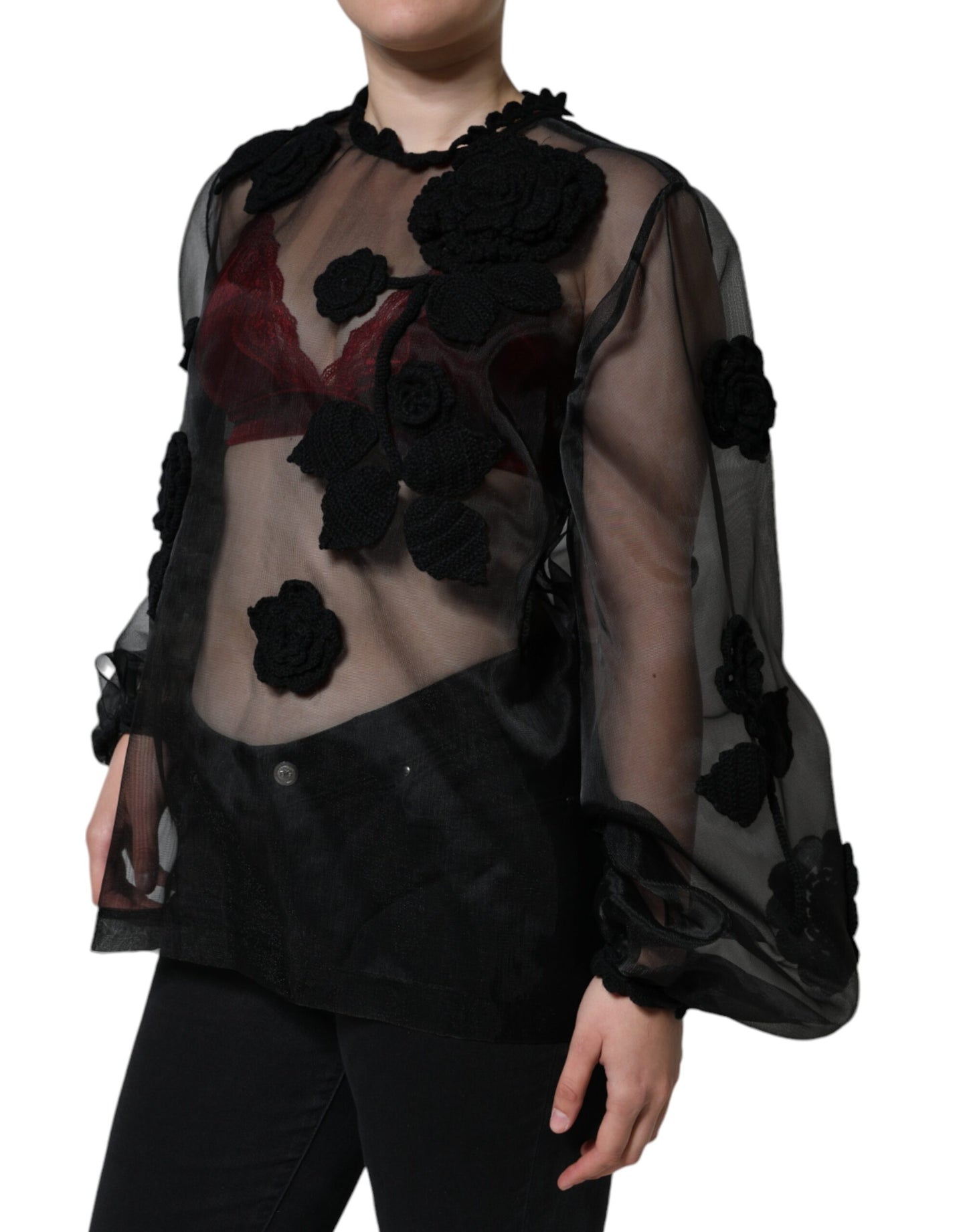 Blusa floral transparente de malla de nailon negra de Dolce & Gabbana