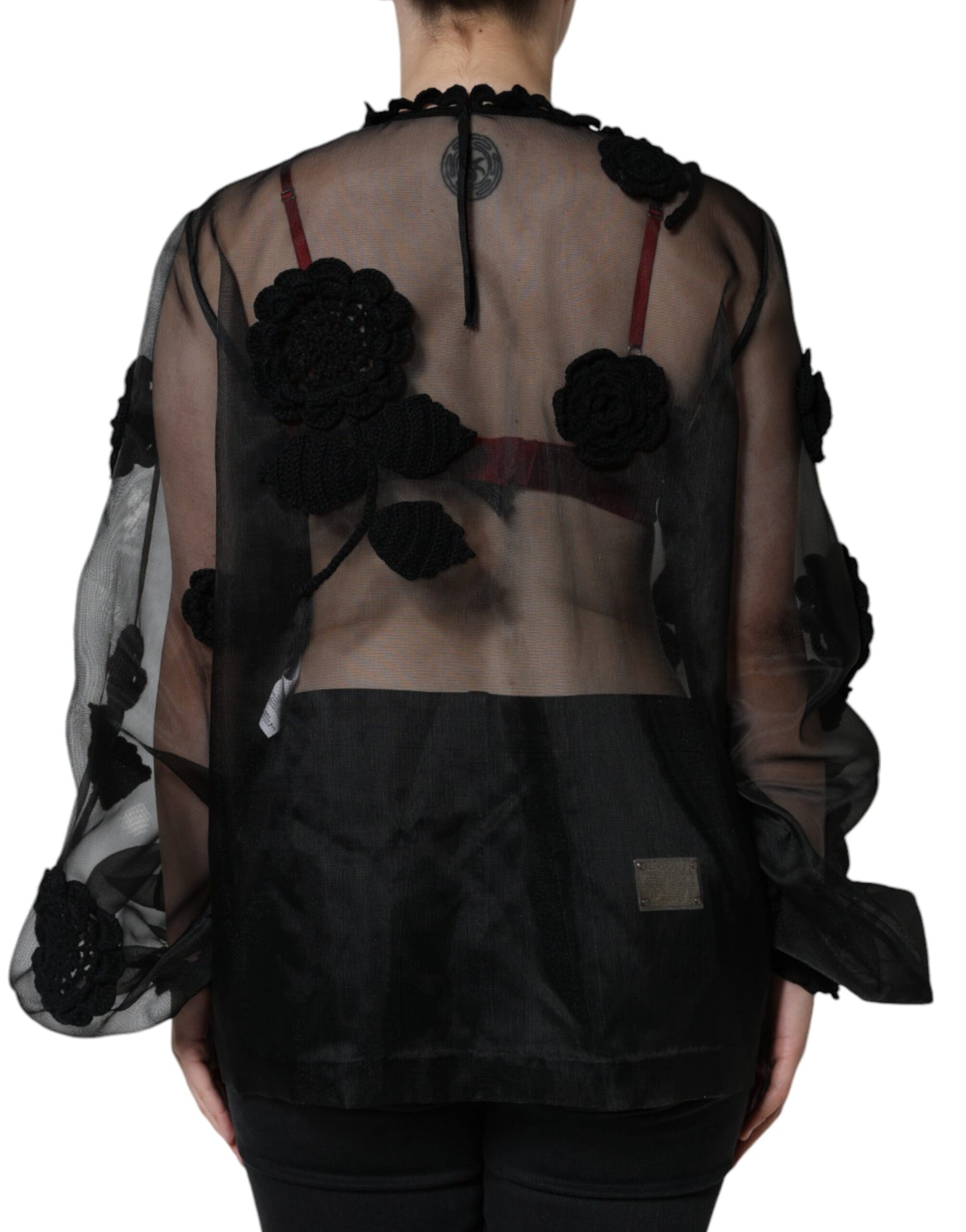 Blusa floral transparente de malla de nailon negra de Dolce & Gabbana