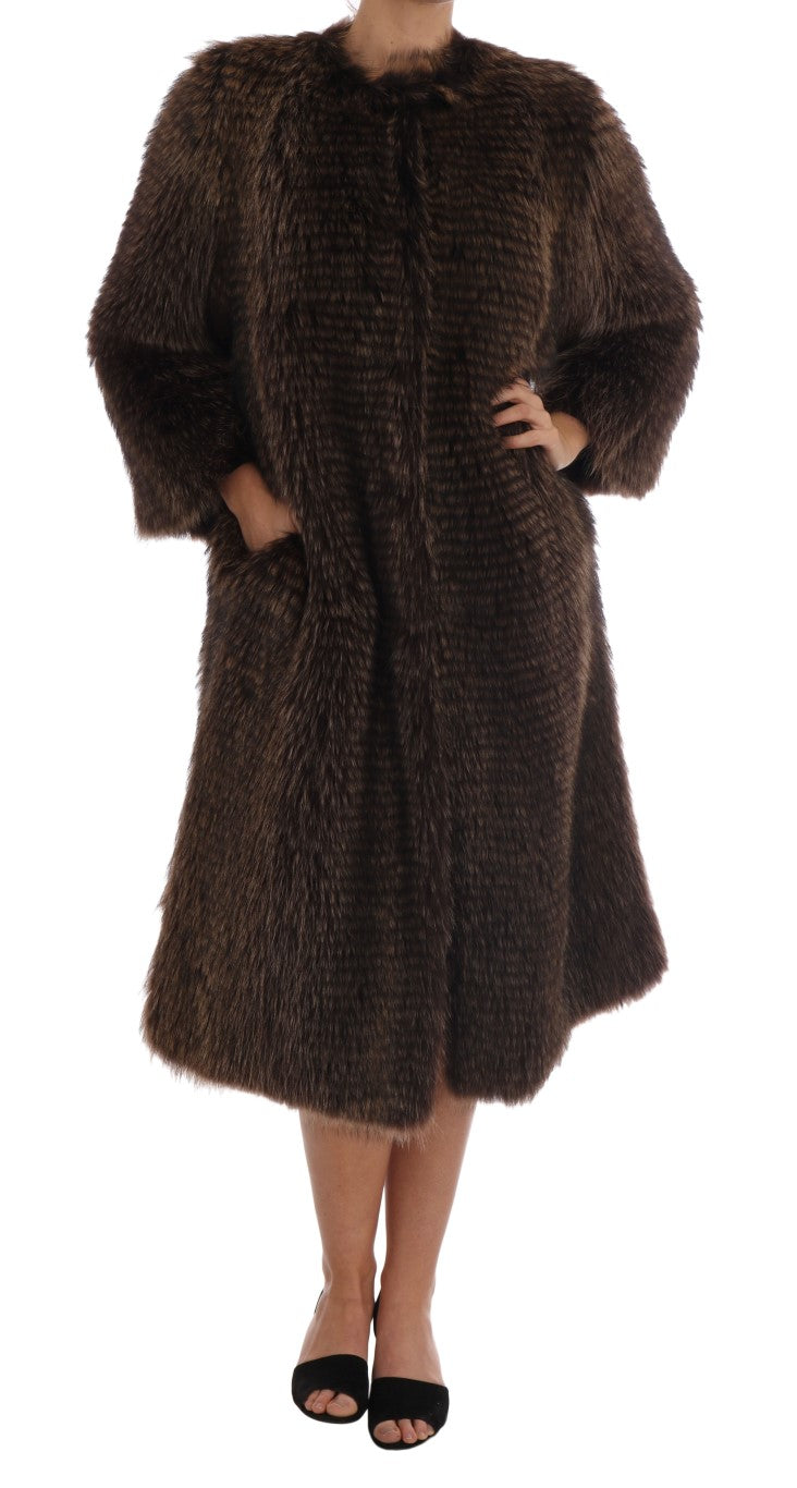 Dolce & Gabbana Elegant Brown Raccoon Fur Knee-Length Coat - Elegance Online Limited
