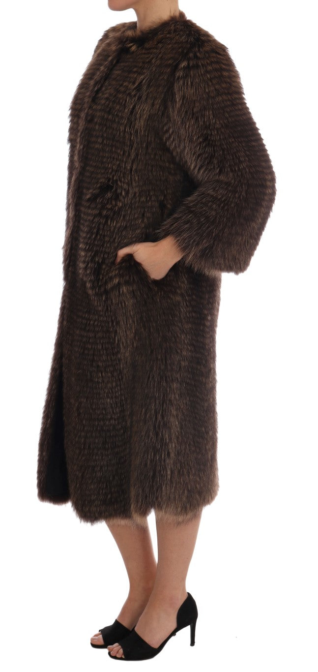 Dolce & Gabbana Elegant Brown Raccoon Fur Knee-Length Coat - Elegance Online Limited