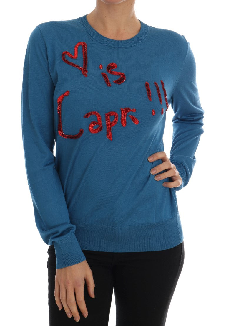 Dolce & Gabbana Blue Silk Sequined Capri Pullover Sweater - Elegance Online Limited