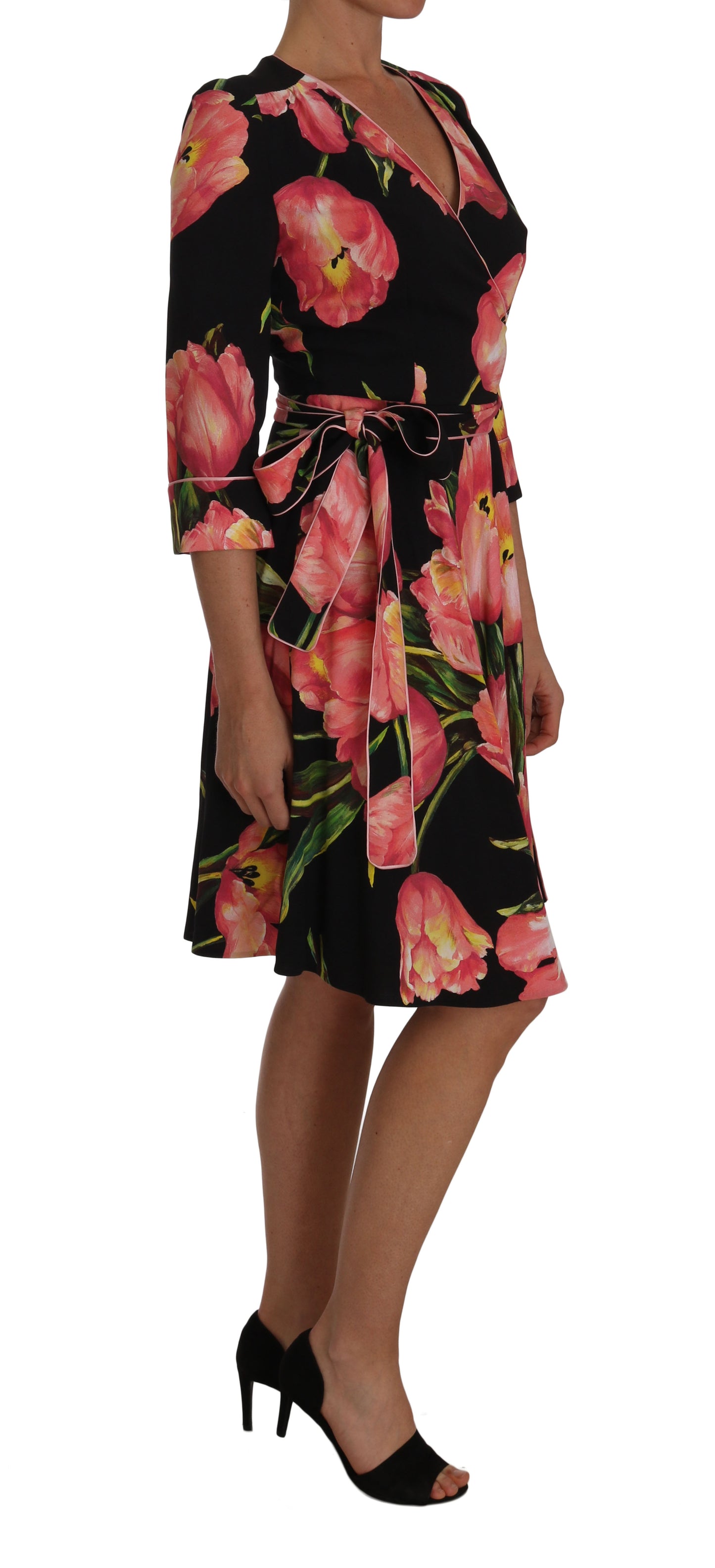 Dolce & Gabbana Elegant Black Shift Dress with Pink Tulips Print - Elegance Online Limited