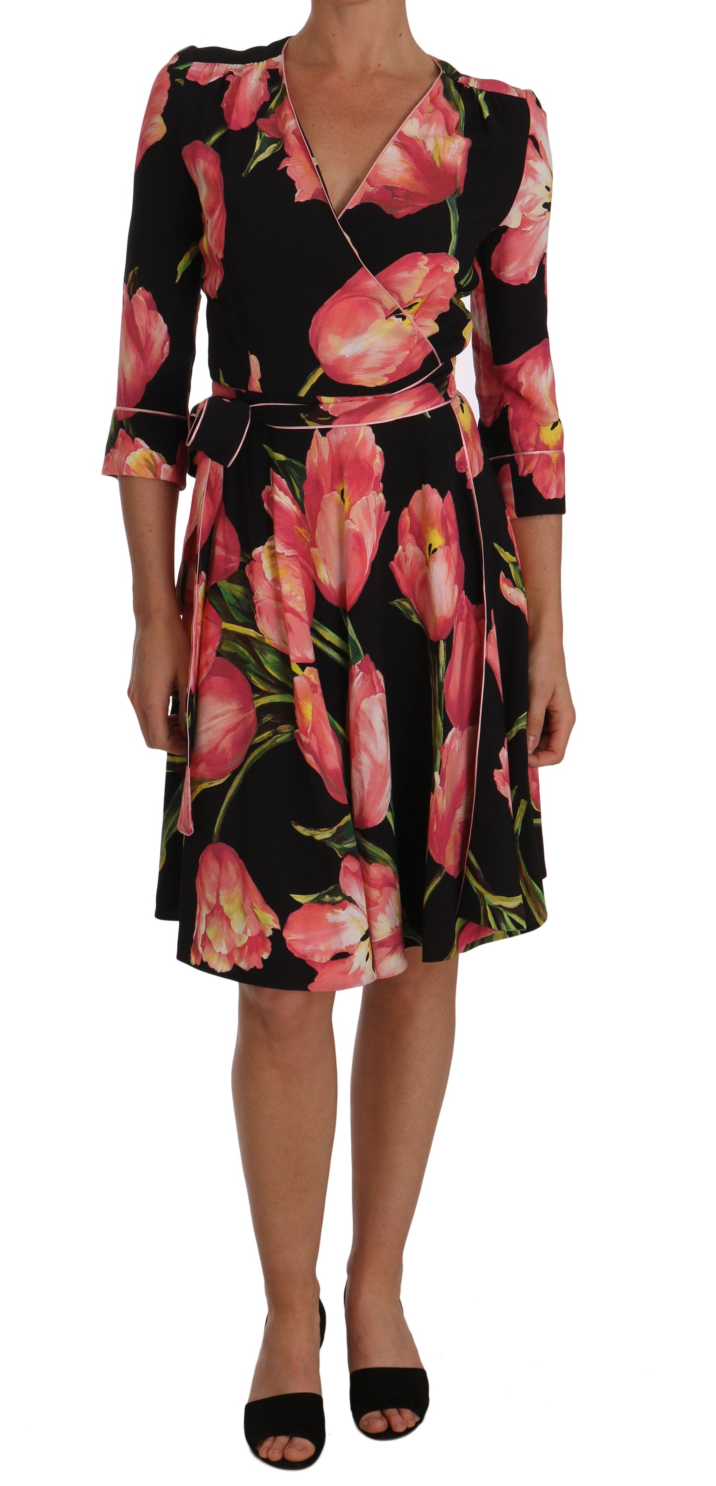 Dolce & Gabbana Elegant Black Shift Dress with Pink Tulips Print - Elegance Online Limited