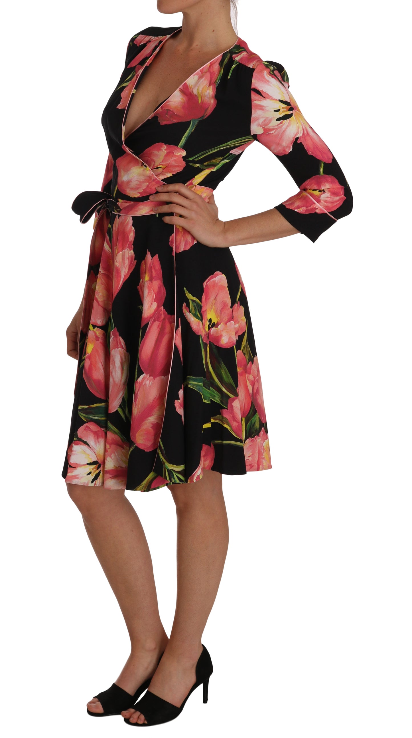 Dolce & Gabbana Elegant Black Shift Dress with Pink Tulips Print - Elegance Online Limited