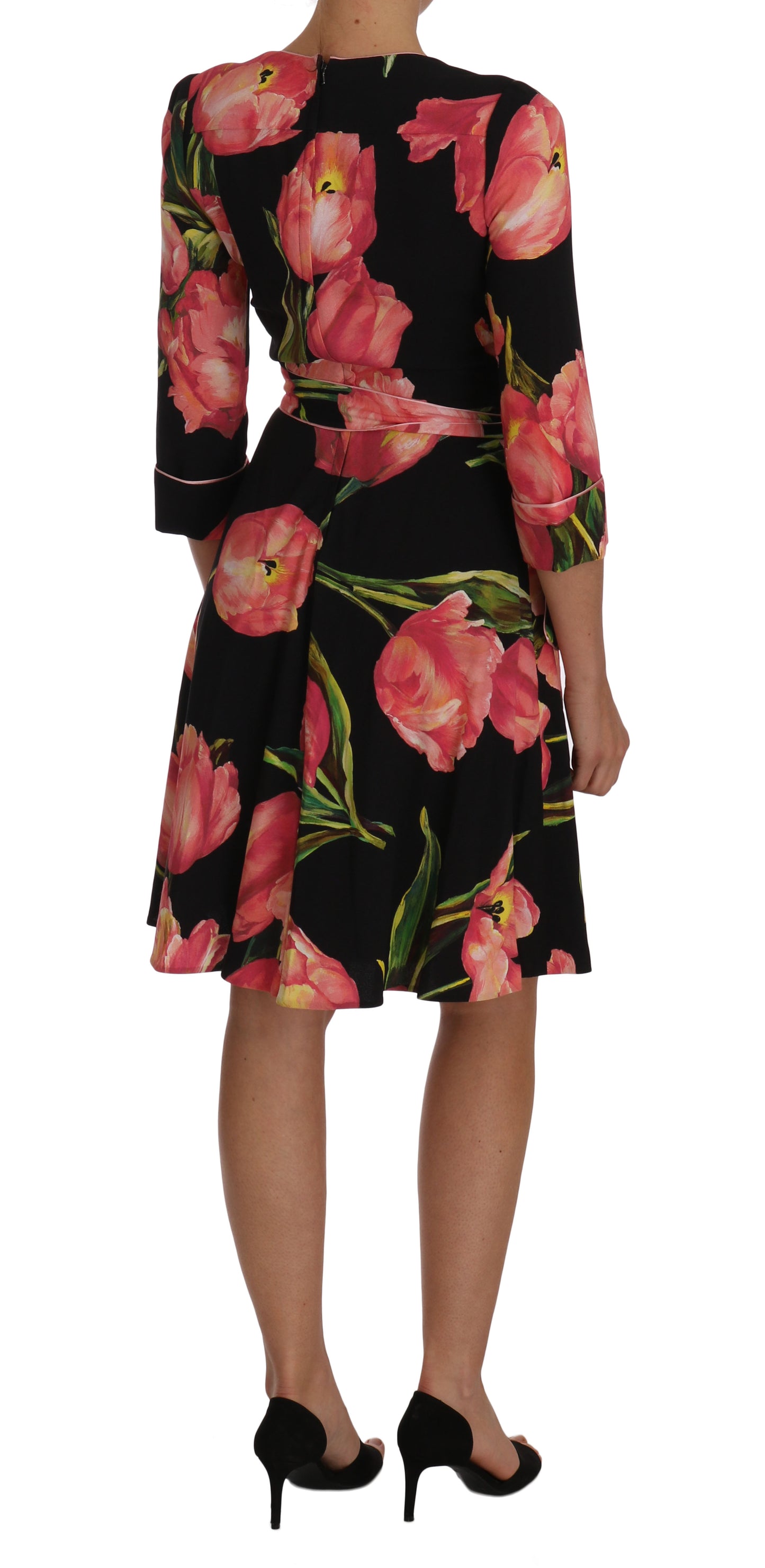 Dolce & Gabbana Elegant Black Shift Dress with Pink Tulips Print - Elegance Online Limited