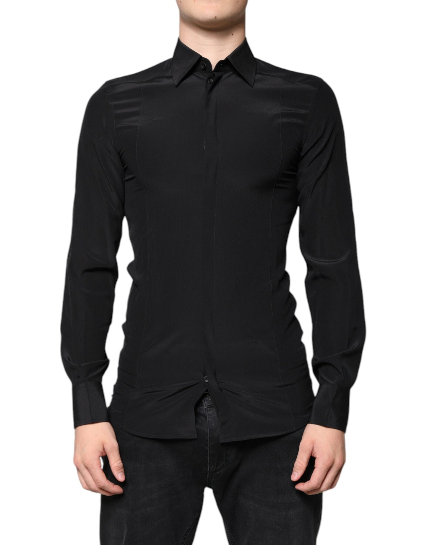 Camisa de vestir de manga larga de seda negra Dolce & Gabbana GOLD