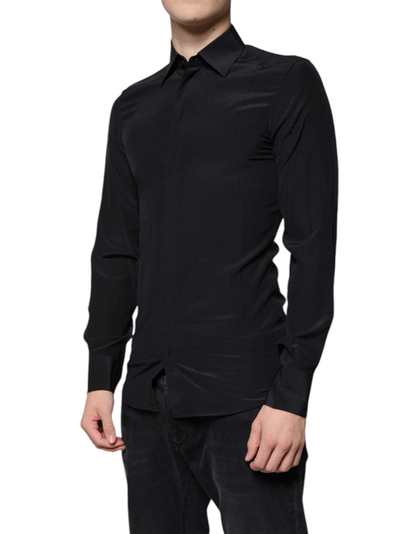 Camisa de vestir de manga larga de seda negra Dolce & Gabbana GOLD
