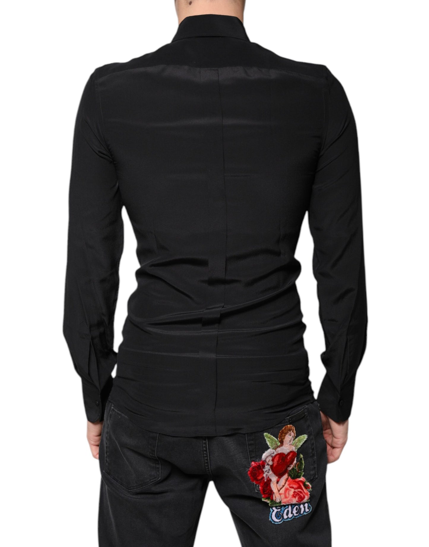 Camisa de vestir de manga larga de seda negra Dolce & Gabbana GOLD