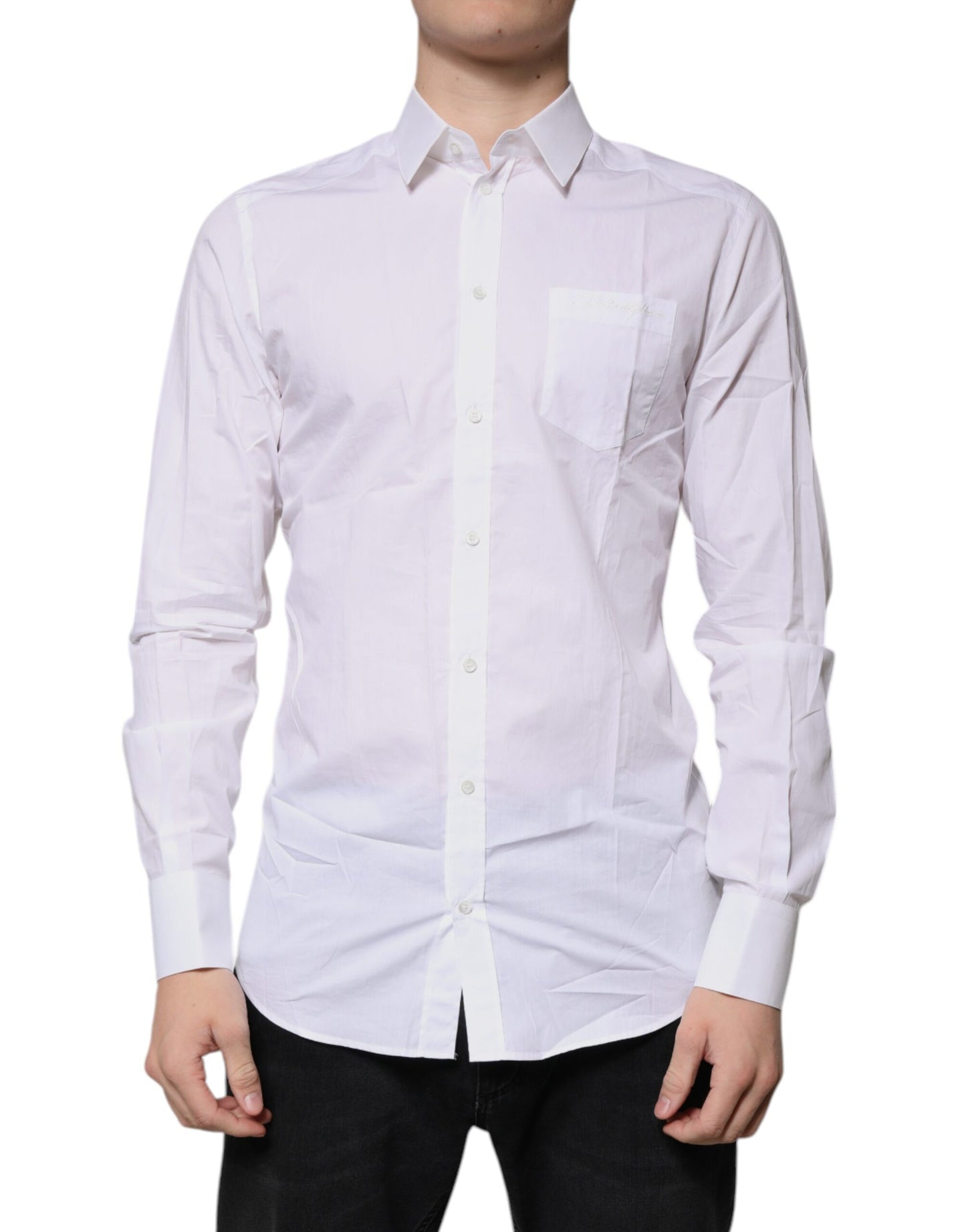 Camisa de vestir de algodón blanco con mangas largas y estampado dorado de Dolce & Gabbana