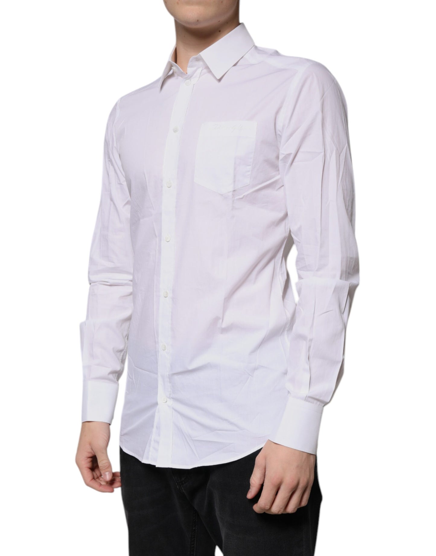 Camisa de vestir de algodón blanco con mangas largas y estampado dorado de Dolce & Gabbana
