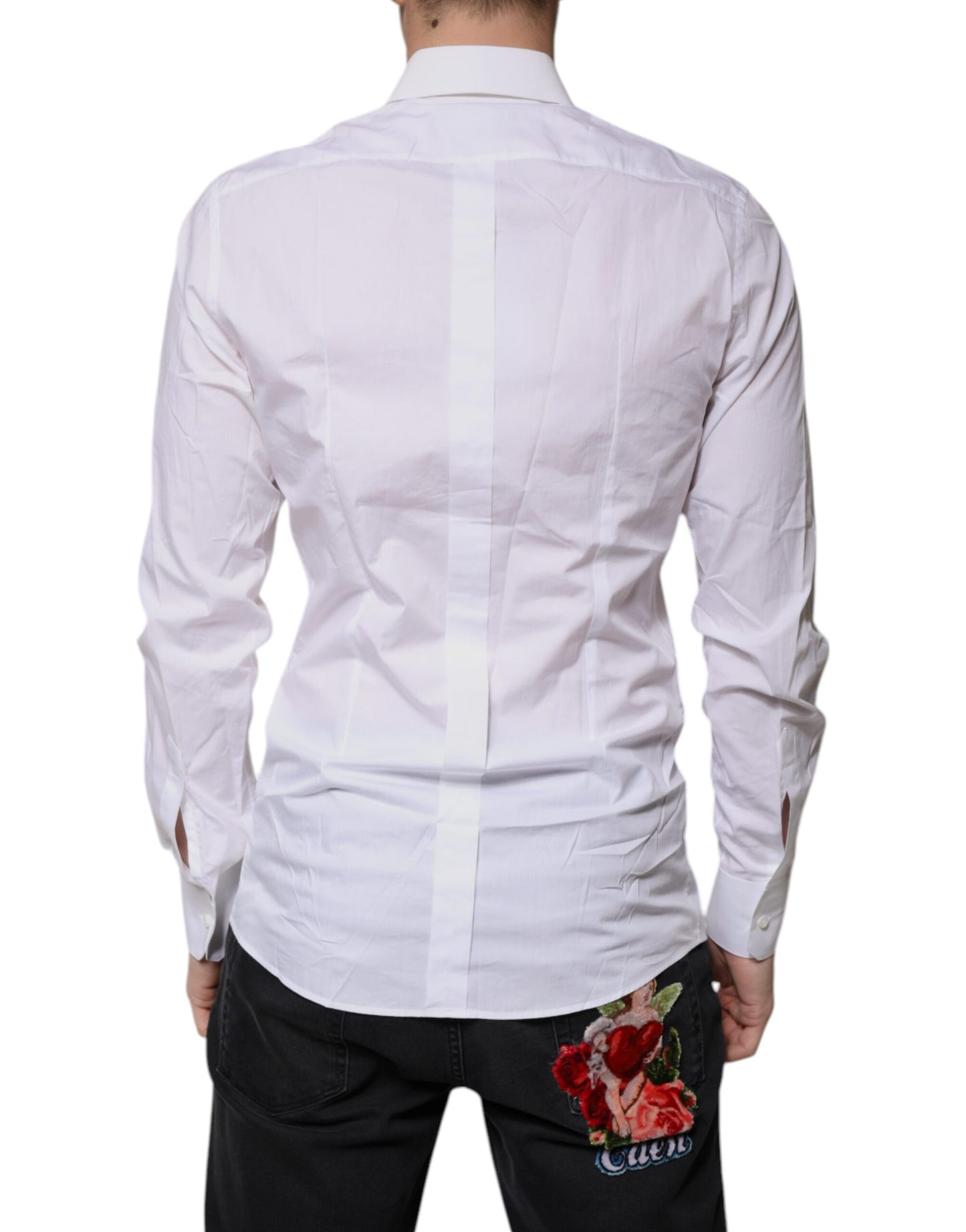 Camisa de vestir de algodón blanco con mangas largas y estampado dorado de Dolce & Gabbana