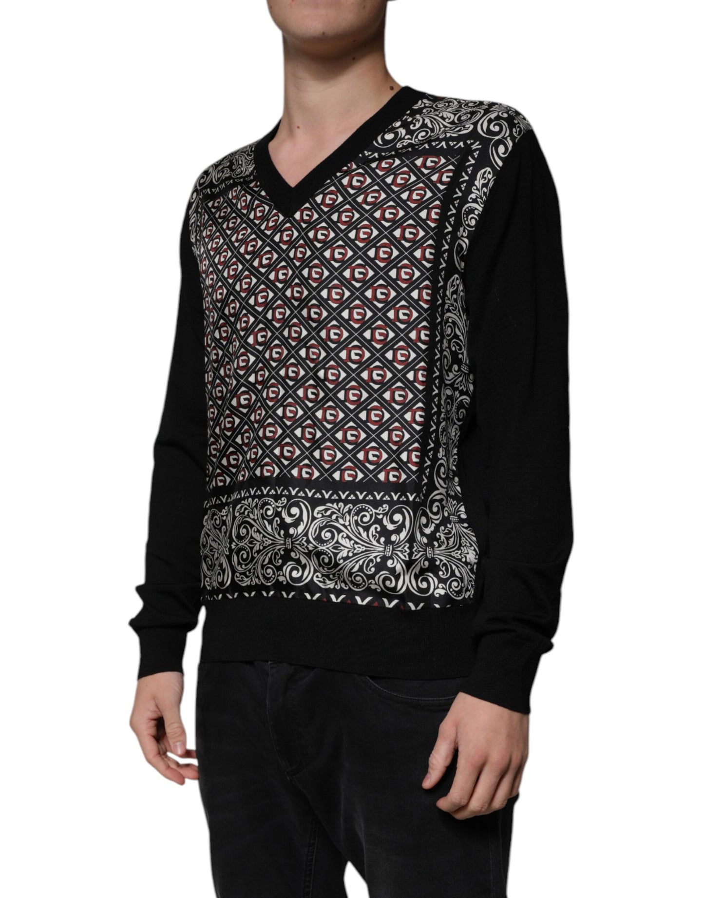 Suéter de cuello en V de lana con logotipo negro de Dolce & Gabbana