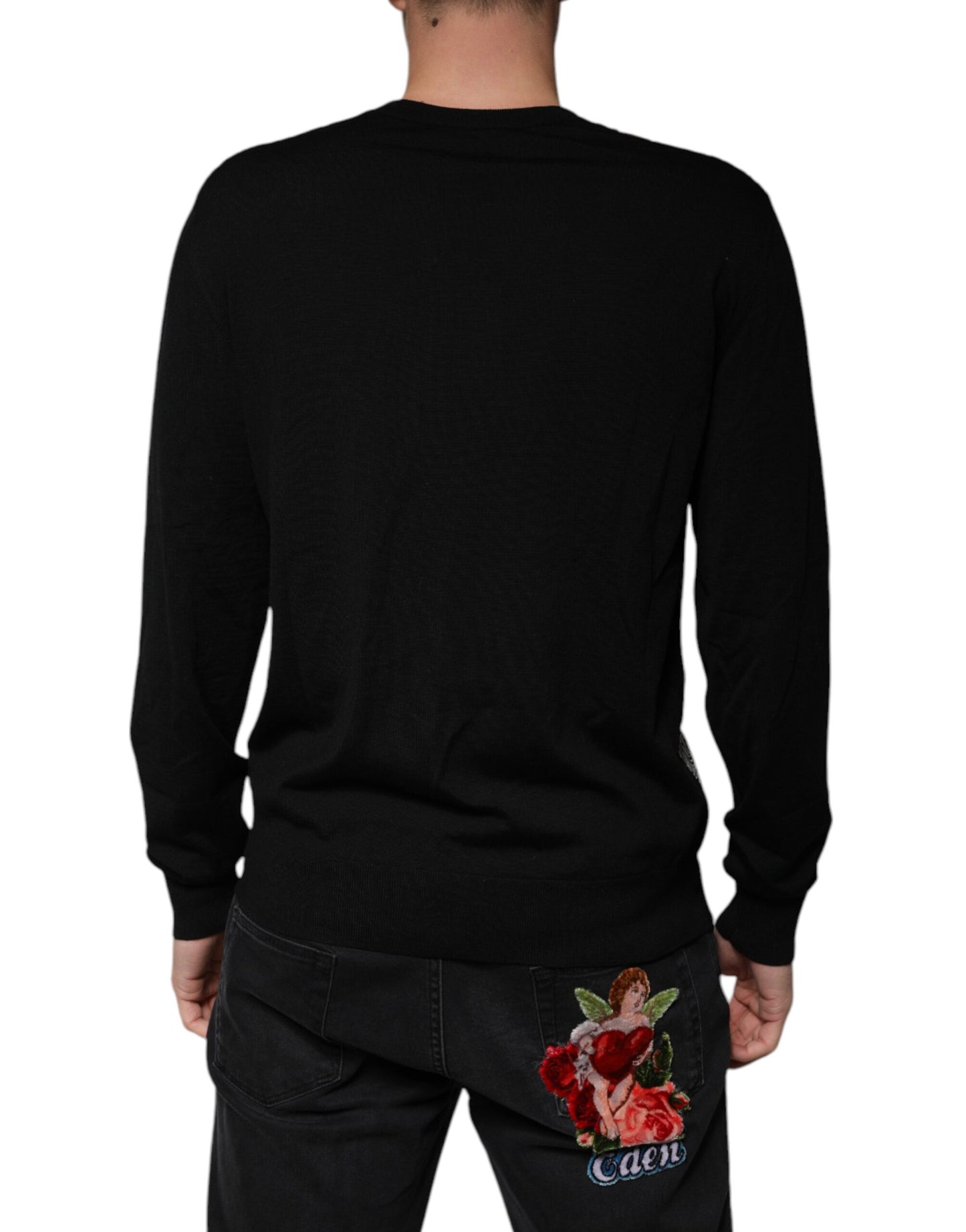 Suéter de cuello en V de lana con logotipo negro de Dolce & Gabbana