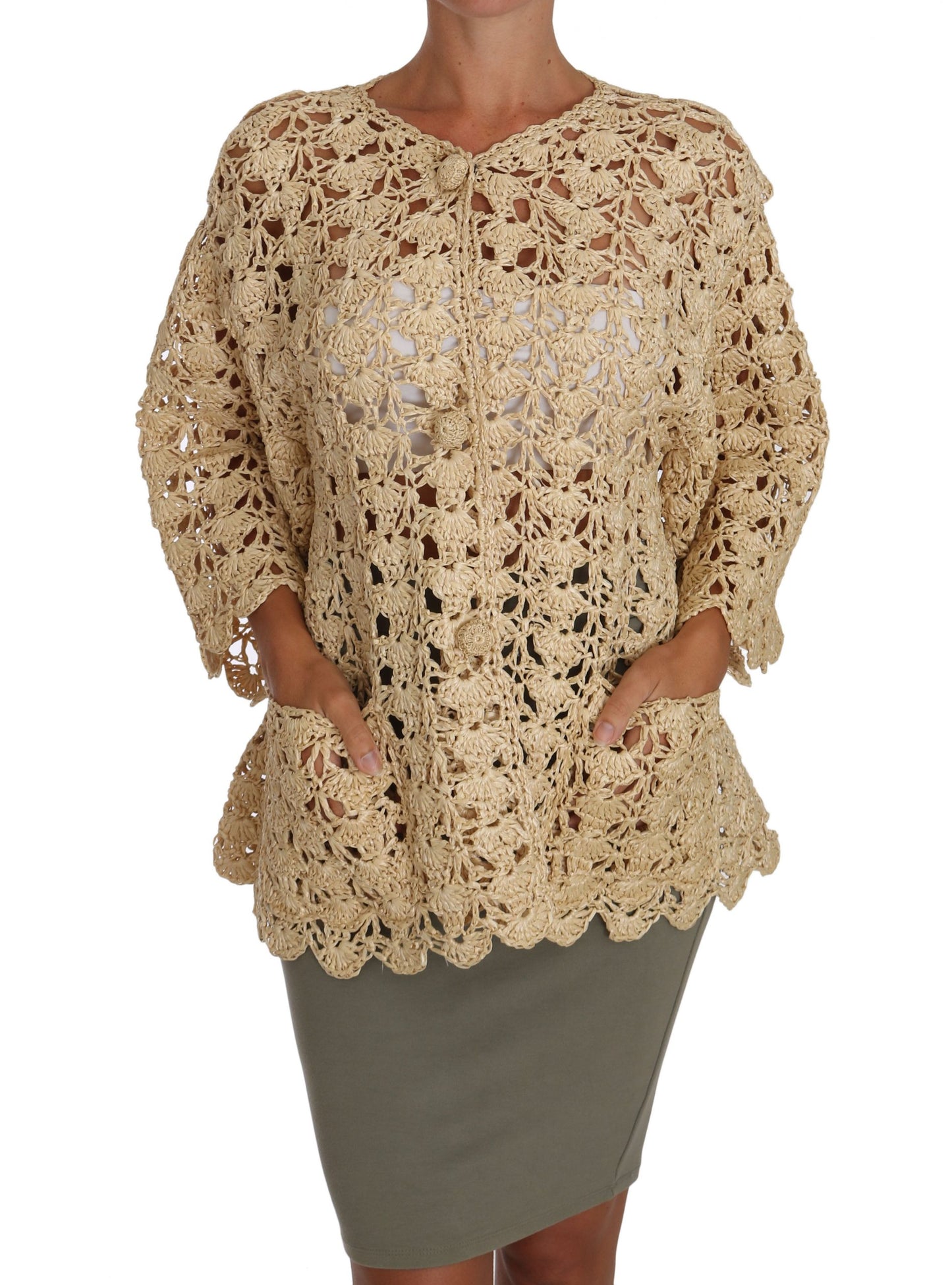 Dolce & Gabbana Cárdigan elegante de rafia de crochet beige