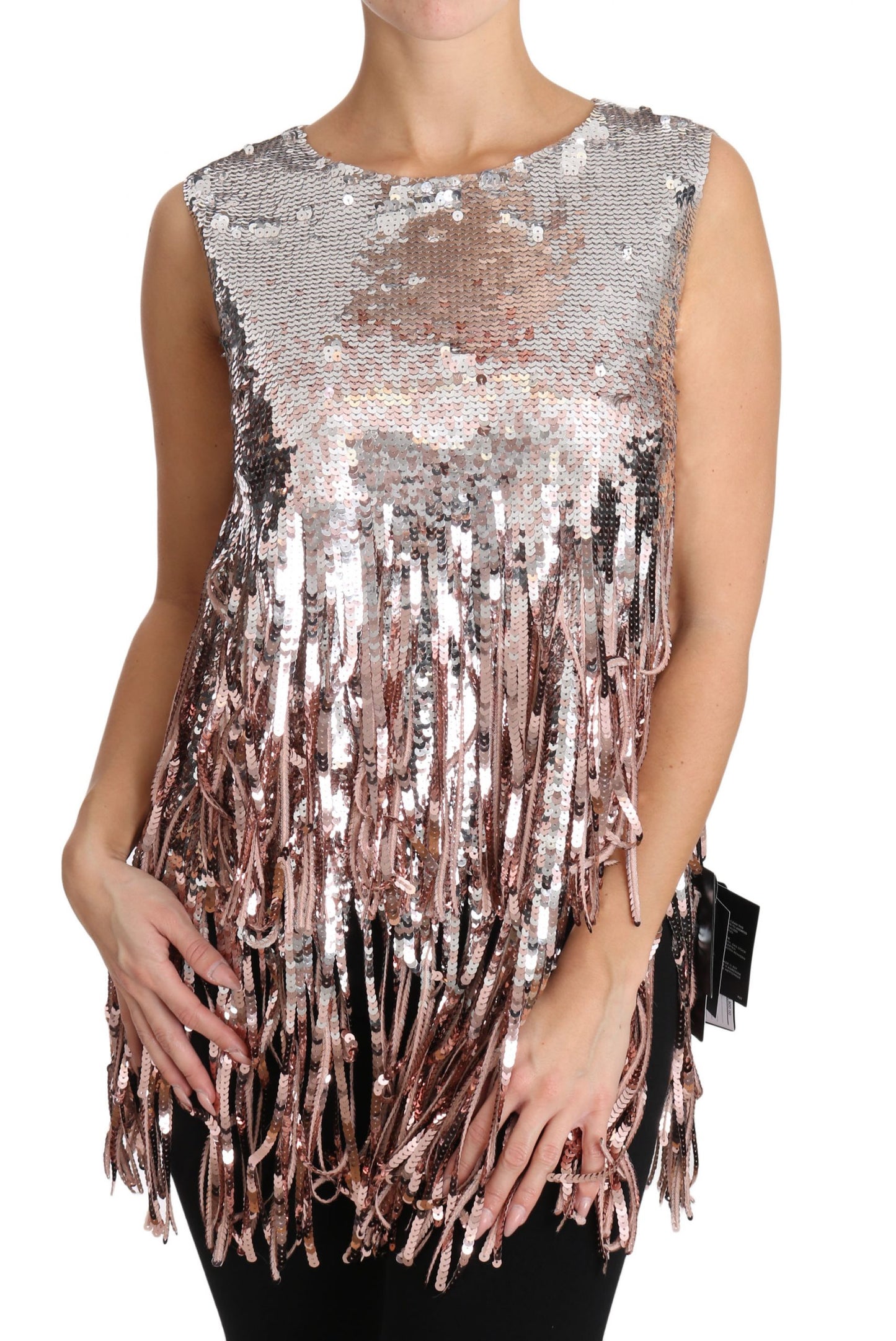 Dolce & Gabbana Golden Pink Sequined Fringe Elegance Top - Elegance Online Limited