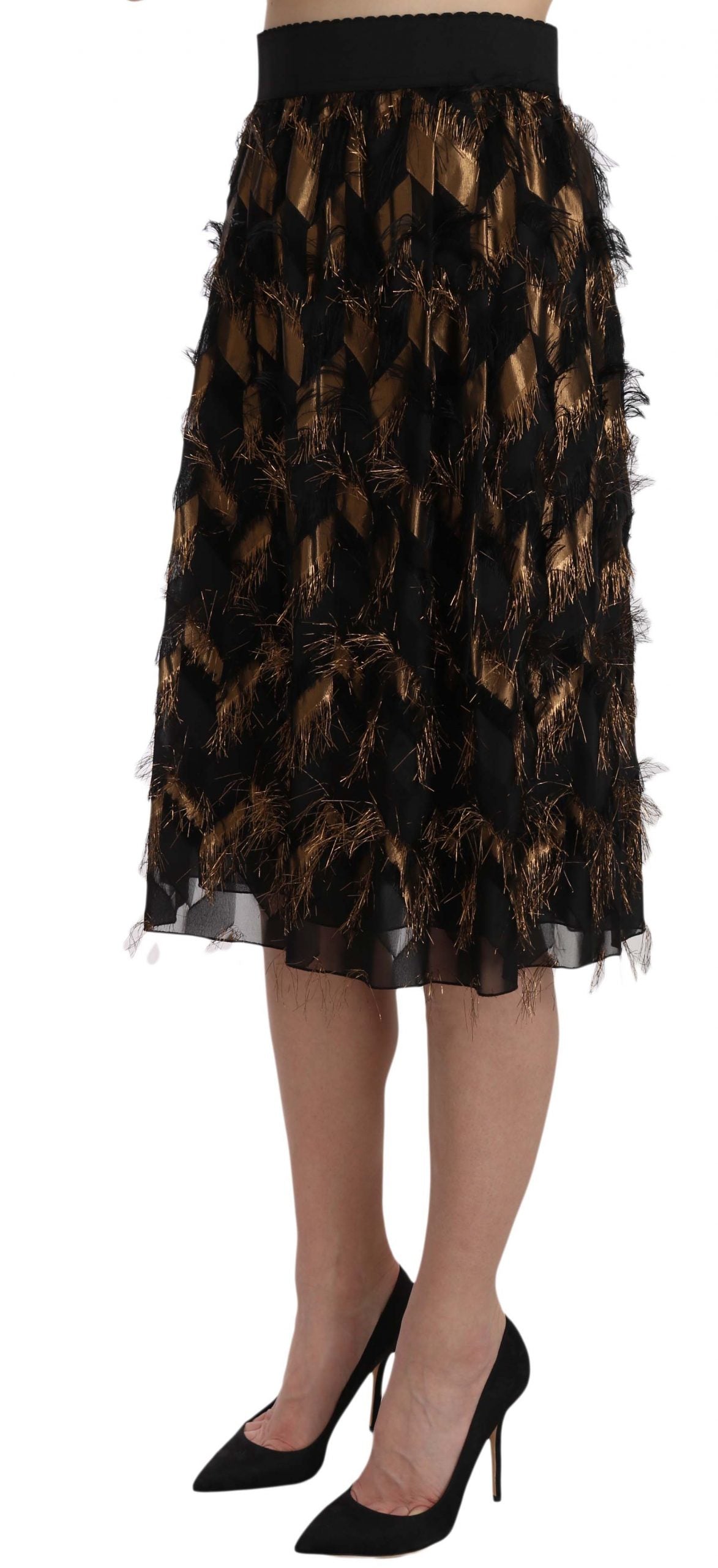 Dolce & Gabbana Elegant Gold Black Silk Blend High Waist Skirt - Elegance Online Limited