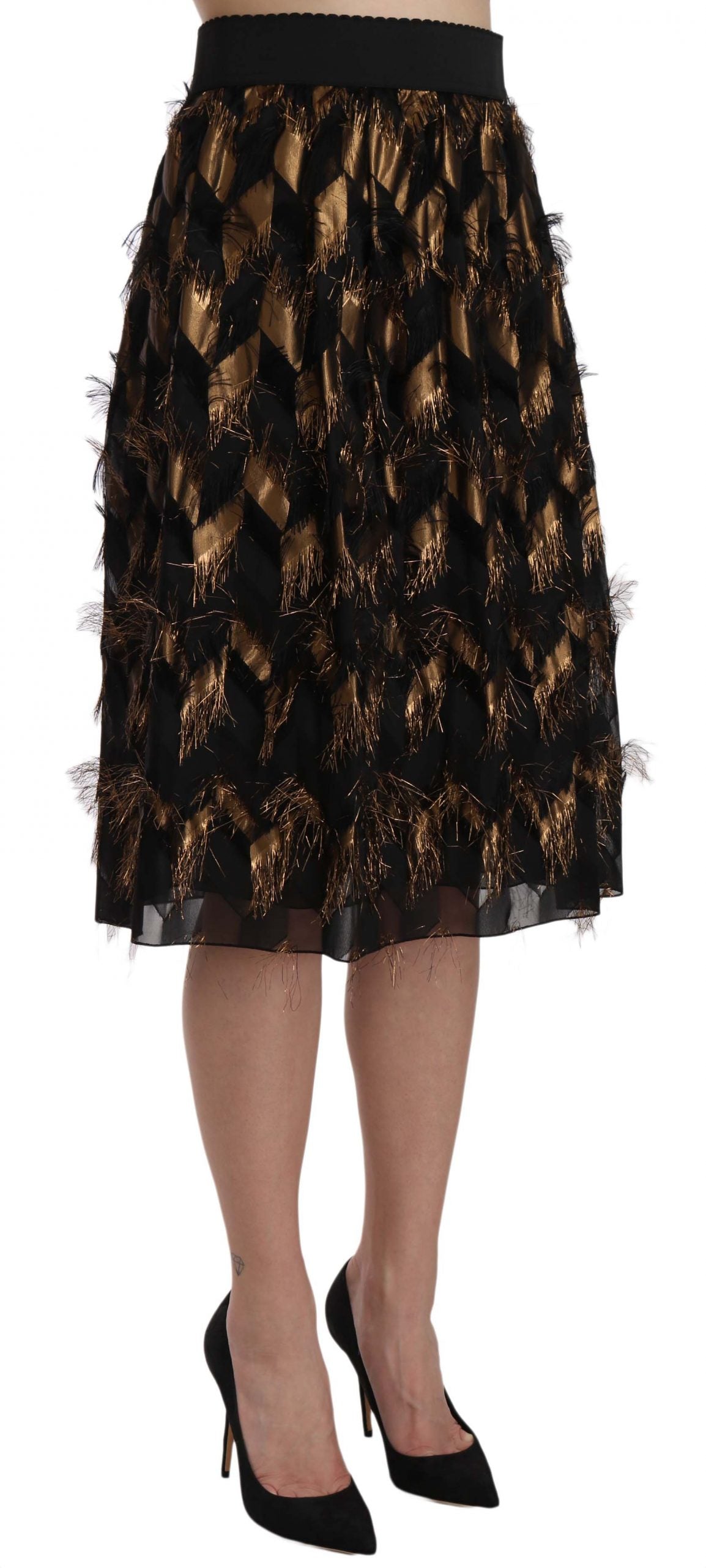 Dolce & Gabbana Elegant Gold Black Silk Blend High Waist Skirt - Elegance Online Limited