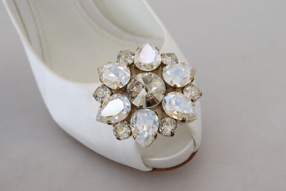 Dolce & Gabbana Crystal-Embellished White Peep Toe Heels