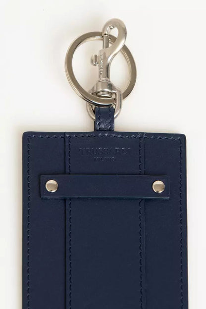 Trussardi Elegant Blue Leather Badge Holder with Key Ring
