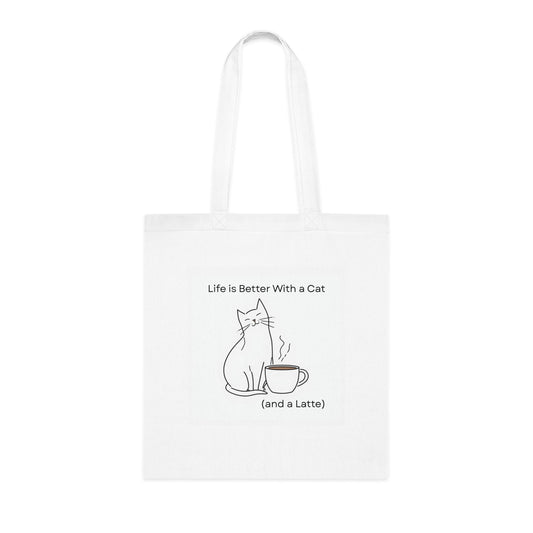 Cute Cat Coffee Cotton Tote Bag - "Life is Better With a Cat (and a Latte)"