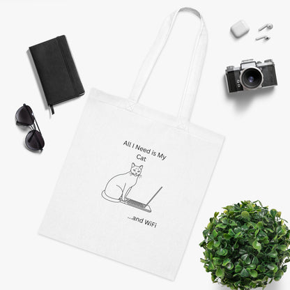 Cat Lover Cotton Tote Bag - 'All I Need is My Cat and WiFi'