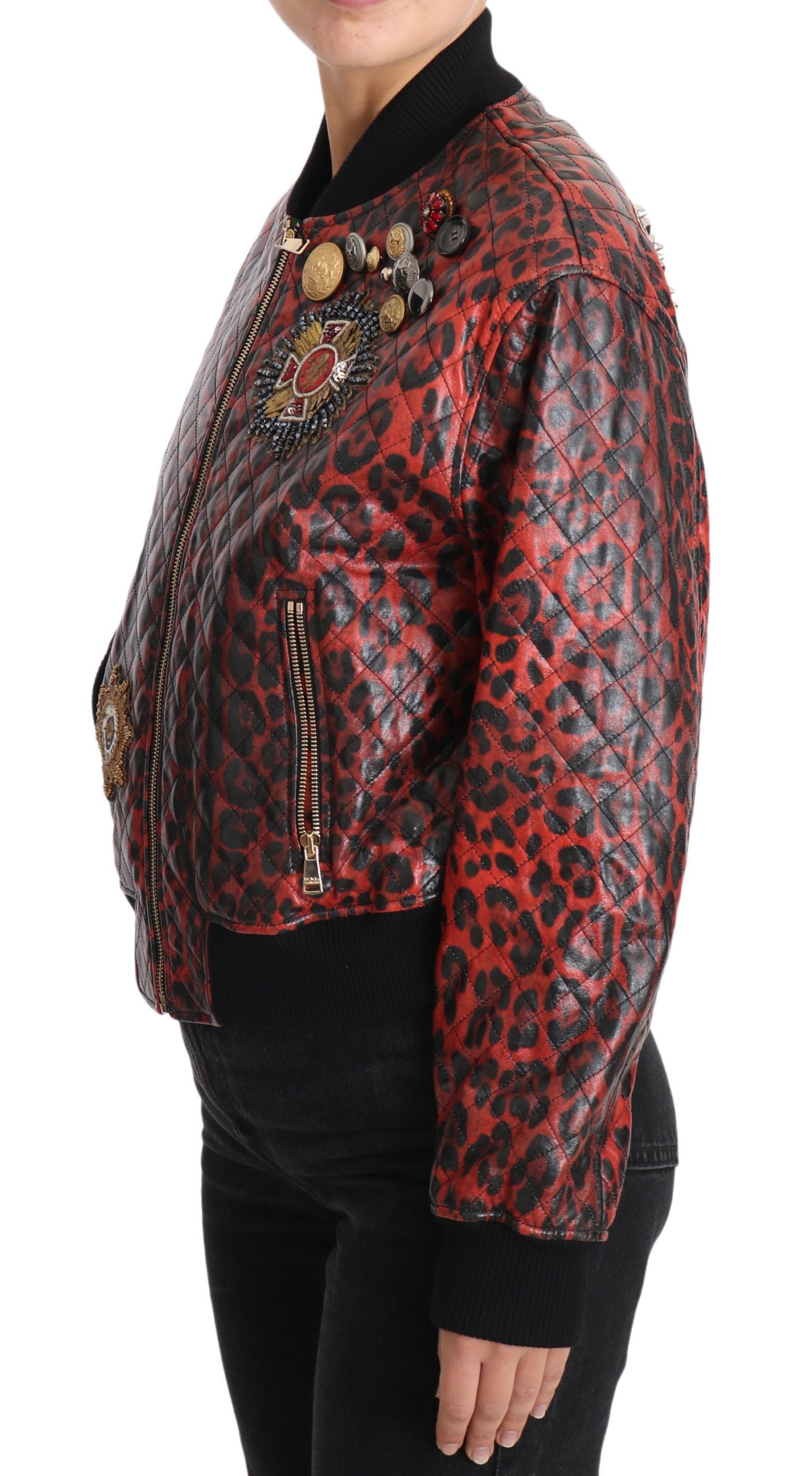 Dolce &amp; Gabbana Blouson en cuir bomber léopard rouge avec boutons en cristal