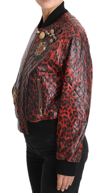 Dolce &amp; Gabbana Blouson en cuir bomber léopard rouge avec boutons en cristal