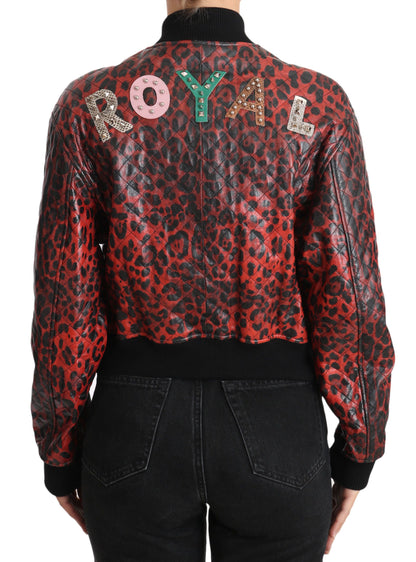 Dolce &amp; Gabbana Blouson en cuir bomber léopard rouge avec boutons en cristal