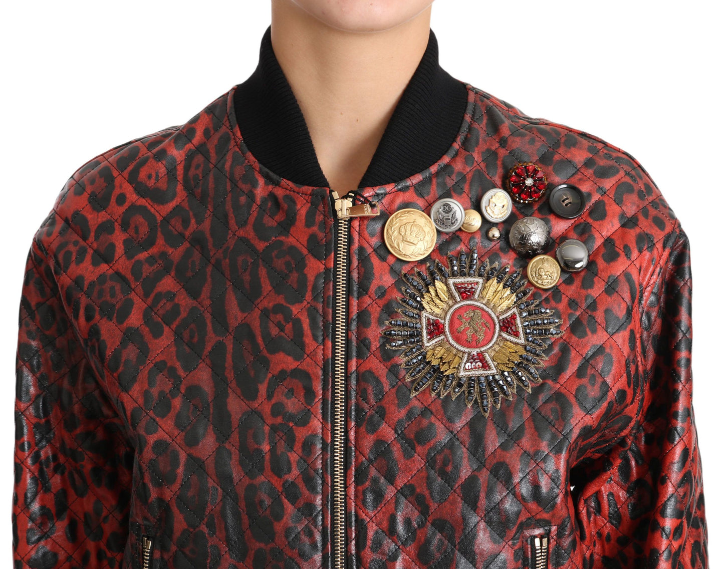 Dolce & Gabbana Red Leopard Bomber Leather Jacket with Crystal Buttons