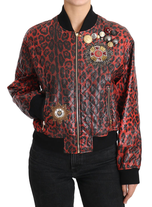 Dolce &amp; Gabbana Blouson en cuir bomber léopard rouge avec boutons en cristal