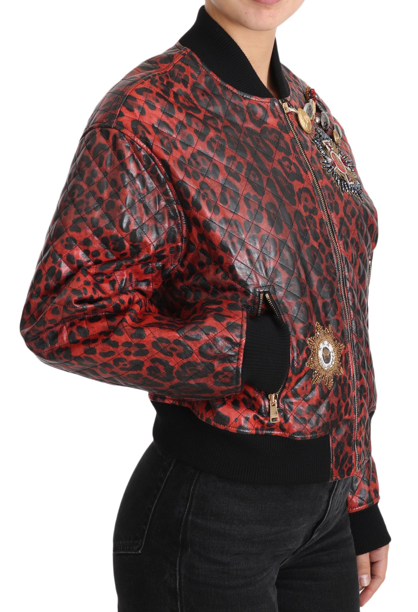 Dolce &amp; Gabbana Blouson en cuir bomber léopard rouge avec boutons en cristal