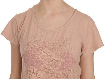 Blouse col rond en dentelle crème souvenirs roses