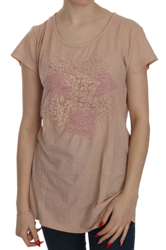 Blouse col rond en dentelle crème souvenirs roses