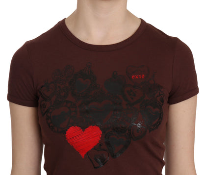 Exte Chic Brown Heart Print Crew Neck Top