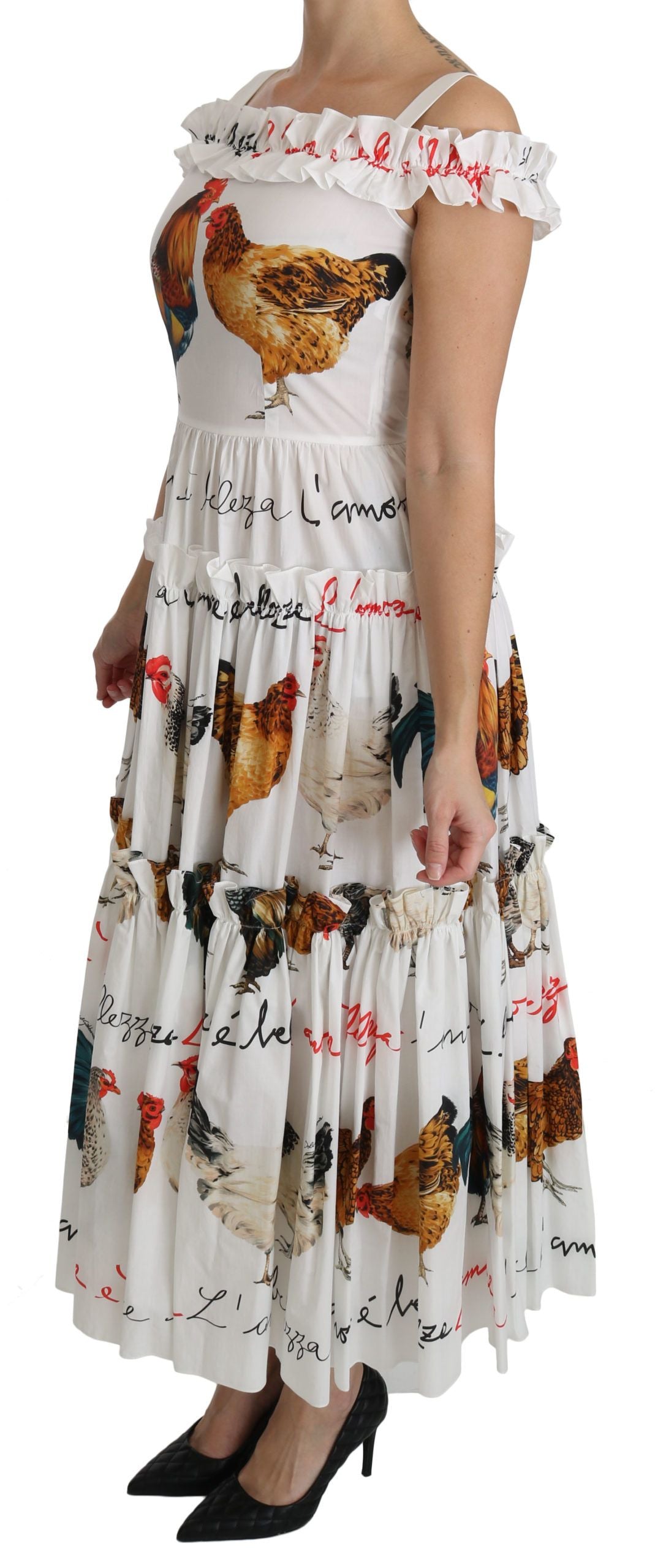 Dolce & Gabbana Elegant White Rooster Print Sheath Midi Dress