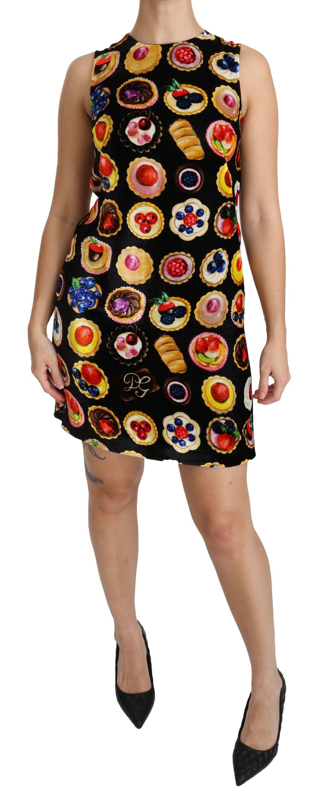 Dolce & Gabbana Chic Black Desserts Print Shift Mini Dress