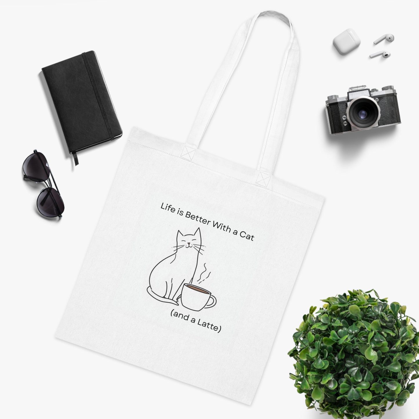 Cute Cat Coffee Cotton Tote Bag - "Life is Better With a Cat (and a Latte)"