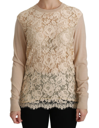 Blouse en cachemire à col rond en dentelle beige Dolce &amp; gabbana