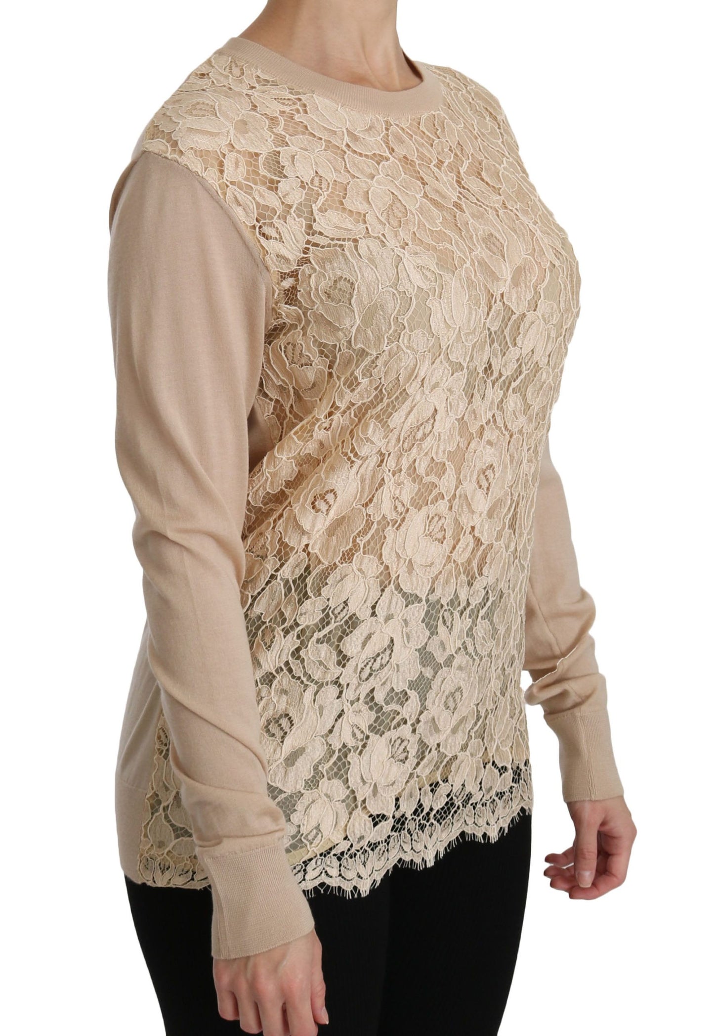 Blouse en cachemire à col rond en dentelle beige Dolce &amp; gabbana