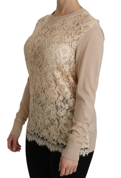 Blouse en cachemire à col rond en dentelle beige Dolce &amp; gabbana