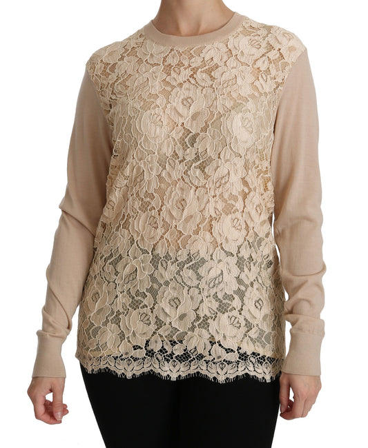 Blouse en cachemire à col rond en dentelle beige Dolce &amp; gabbana