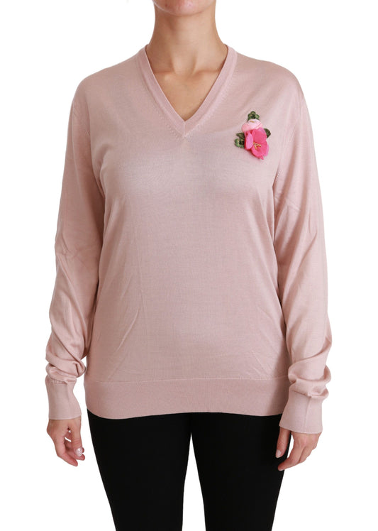 Dolce &amp; gabbana pull col en V en soie fleurie rose