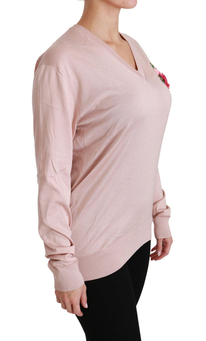 Dolce & Gabbana Pink Floral Silk V-Neck Sweater