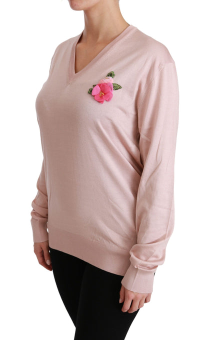 Dolce &amp; gabbana pull col en V en soie fleurie rose