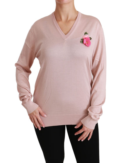 Dolce &amp; gabbana pull col en V en soie fleurie rose